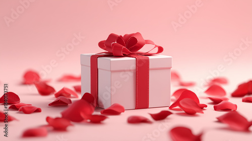 A beautifully wrapped gift box surrounded by rose petals, perfect for Valentine's Day celebrations.