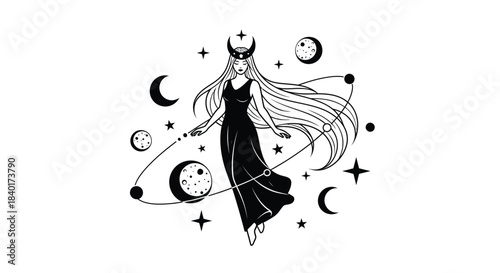 Elegant black and illustration of a mystical woman surrounded by celestial elements