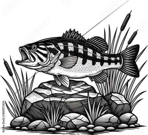 Detailed largemouth bass illustration on rocks with aquatic plants