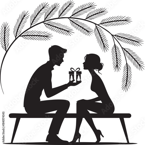 Couple Sitting On Bench With Gift Box Vector Illustration