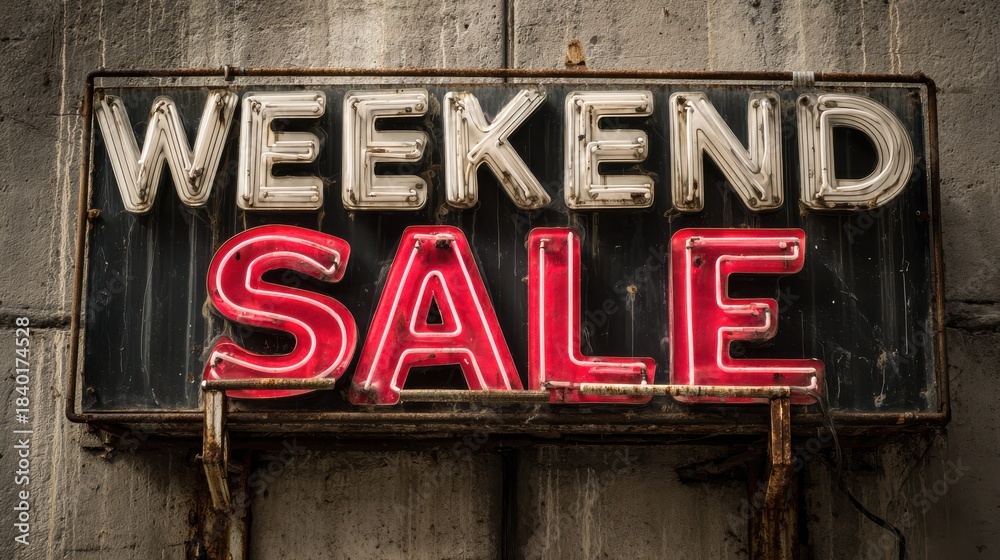 Fototapeta premium Neon sign displaying 'Weekend Sale' promotes shopping excitement and great deals for customers. Perfect for advertising concepts.