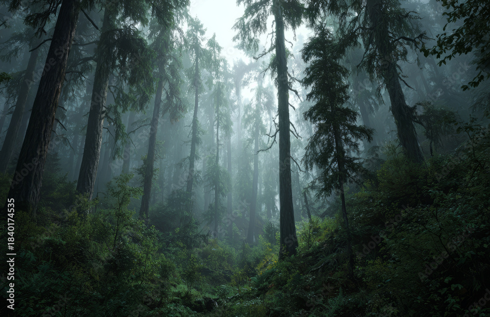 Obraz premium Misty forest, tall trees, dense woodland, fog, serene mood, soft light embrace