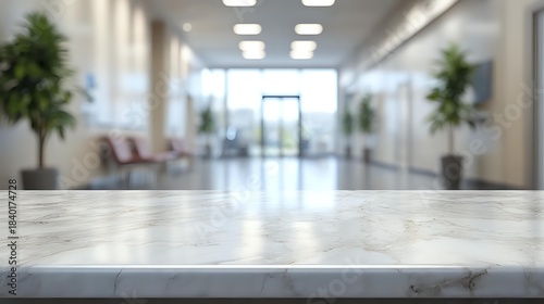 Modern marble table surface in blurred office lobby with plants and seating area for product display and commercial presentations.