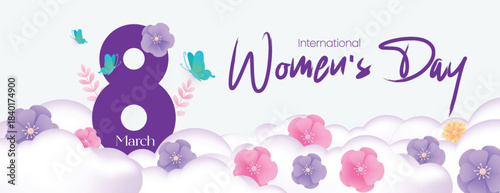 Creative Women’s Day banner template with floral 8 March vector cloud background, modern 8 march website banner header design for social media cover and banner design for marketing design
