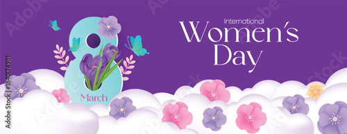 Editable Women’s Day social media cover banner with floral 8 March and cloud vector background, modern womens day 8 march website banner header template for marketing and online promotions