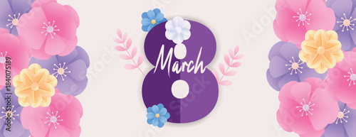 Women’s Day 8 March floral vector illustration background with creative horizontal banner design, elegant website header template, modern social media cover layout for promotions