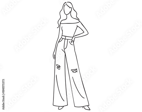 line sketch fashion girl in very long baggy torn wide pants