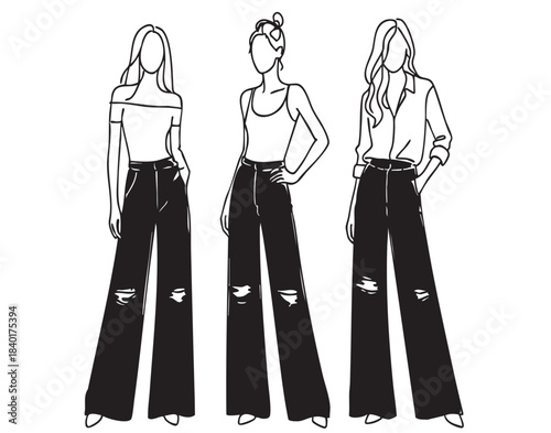 line sketch fashion girls in very long baggy torn wide pants