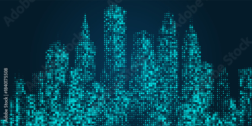 Cityscape on dark blue background with bright glowing neon. Technology city background