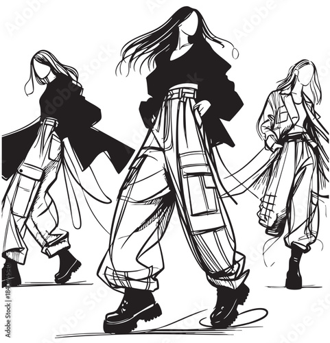 Abstract sketch fashion models in very long baggy torn wide cargo pants