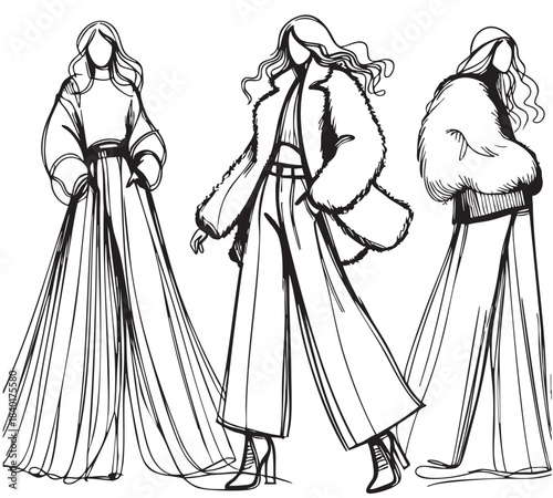 line sketch fashion girls in very long wide pants and leather winter sheepskin coat