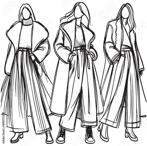line sketch fashion girls in very long wide pants and leather winter sheepskin coat