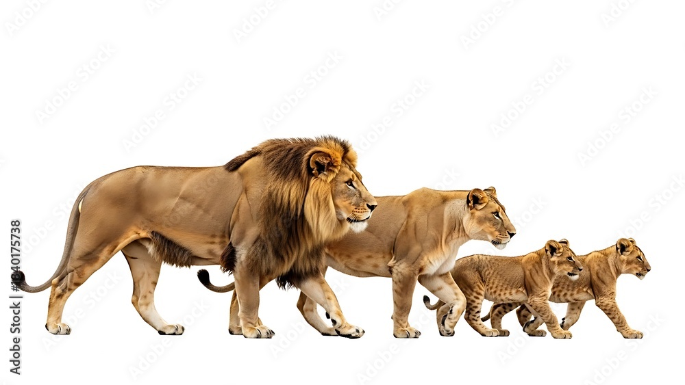 Obraz premium Majestic Lion Family Walking Together Isolated on White Background.