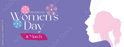Women’s Day horizontal banner template with elegant floral background, female face silhouette, and 8 March celebration banner design for website headers, social media covers, vector layout design