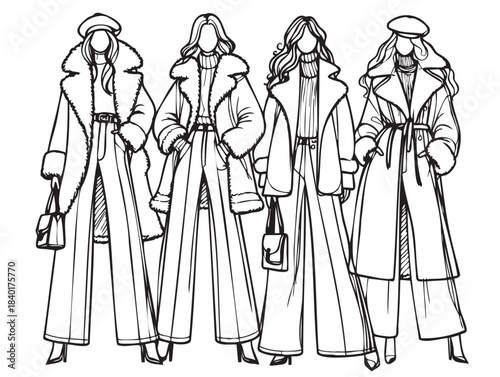 line sketch fashion girls in very long wide pants and leather winter sheepskin coat