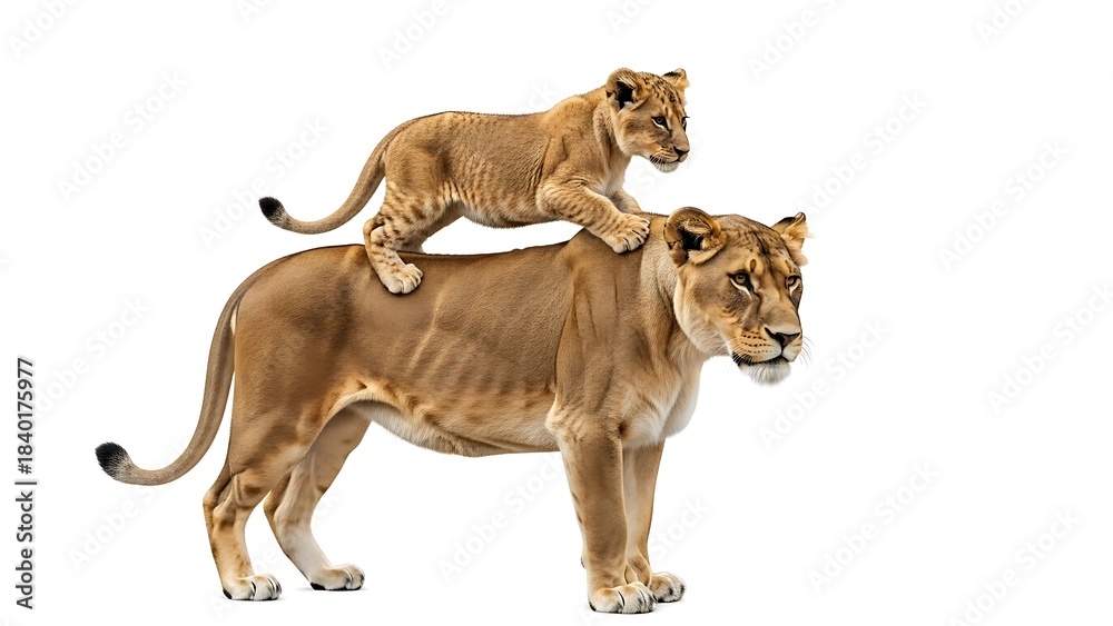 Obraz premium Majestic Lioness and Playful Cub Together on White Background.