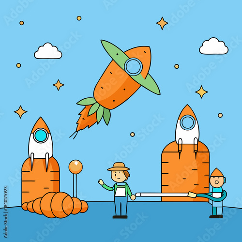 Whimsical carrot spaceships launching with farmers in a dreamy sky