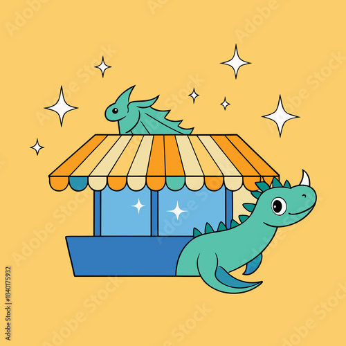 Cute cartoon dinosaurs enjoying a sunny day at a colorful market stall