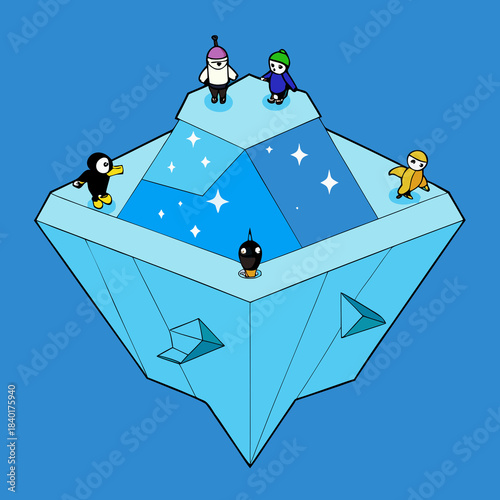 Whimsical iceberg island with adorable characters and sparkling stars