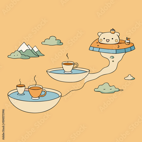 Whimsical floating islands with steaming coffee cups and a cozy bear