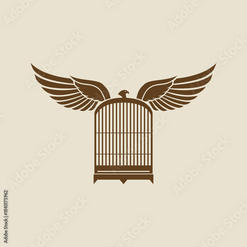 Eagle or falcon wings with a birdcage logo. Symbolizes freedom, captivity, struggle, escape, or spiritual limits. Vintage vector emblem