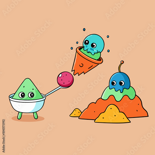 Cute cartoon ice cream cone and mountain characters enjoying a playful moment