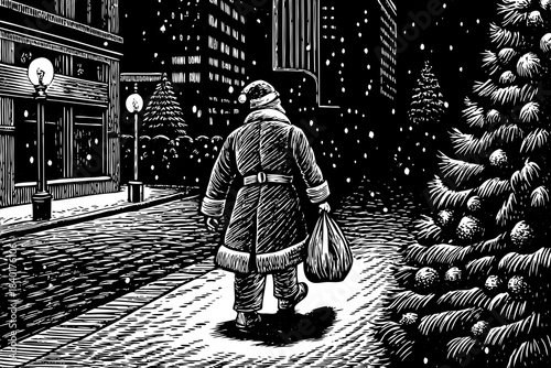 Santa Claus walks through a decorated city street with glowing lights and snowflakes falling around him, blending classic holiday charm with modern urban Christmas energy