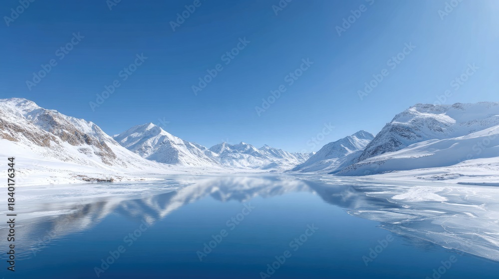 custom made wallpaper toronto digitalSerene Glacial Landscape with Snow-Capped Mountains and Clear Blue Sky Reflecting on Tranquil Water Surface in the Heart of Nature's Majesty