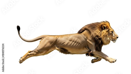 Majestic Male Lion Running with Full Mane Isolated on White Background.
