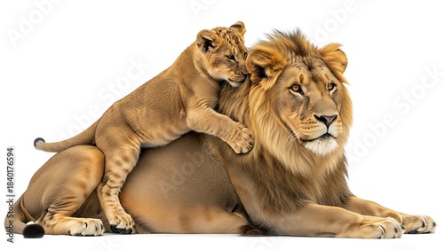 Majestic Male Lion with Cub on White Background.