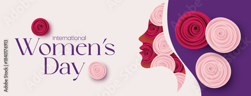 Modern Womens Day celebration banner template with floral 8 March vector illustration, elegant website header layout, Women's Day social media cover design for marketing promotions