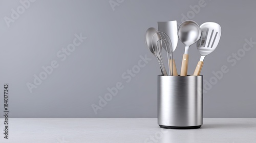 Stainless Steel Kitchen Utensils in a Modern Holder on a Minimalist Grey Background for Culinary and Cooking Concepts in Professional and Home Settings