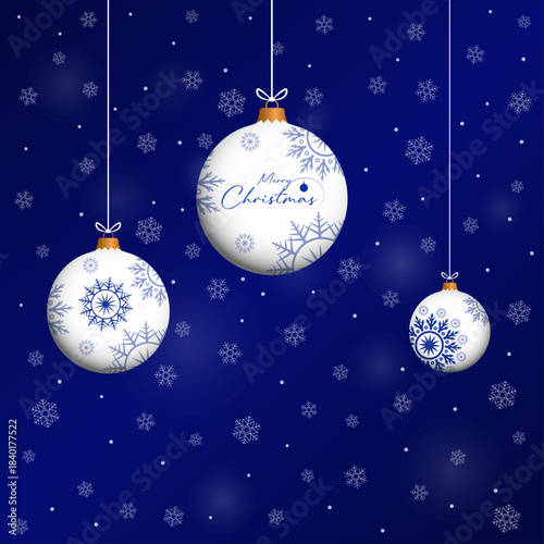 Blue merry chrismas card design with winter snow, snowflakes, 3d bauble illustration. Winter holidays concept card design to use for merry christmas greetings, winter advertising, happy new year card.