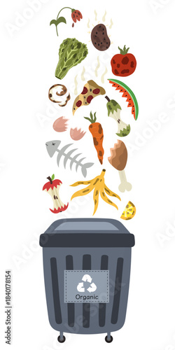 Recycle bin with organic waste isolated on white background. Garbage container with apple core, banana peel, fish bone, rotten vegetables, etc. Trash sorting concept. Vector illustration