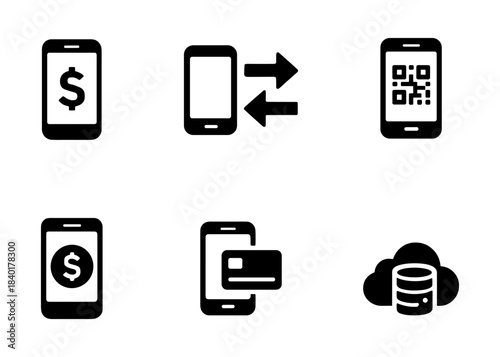 Mobile banking silhouette icons set, money app, transfers and QR code