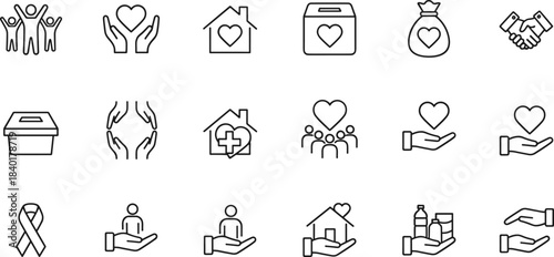 Charity, Donation, and Volunteer Thin Line Icon Set: Hands Holding Heart, Money Bag, Fundraiser Box, Community Help, $\text{HIV}$ Ribbon, and Shelter Vector Illustrations