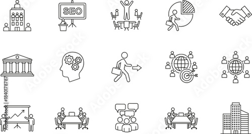 Corporate Business, Finance, and Analytics Line Icon Set: SEO, Meeting, Investment, Growth Chart, Handshake, Team, Strategy, and Office Building Vector Graphics