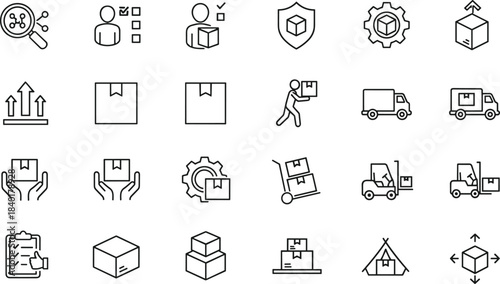 Logistics, Delivery, and Supply Chain Outline Icon Set: Warehouse, Cargo, Shipping, Packaging, Truck, Box, Inventory Management, and Transportation Vector Graphics