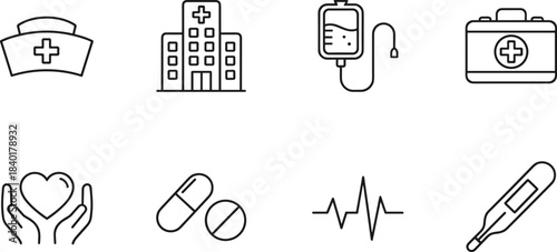 Medical and Healthcare Outline Icon Set: Hospital, Doctor, Nurse Hat, First Aid Kit, Thermometer, IV Bag, Heartbeat, and Pills Vector Illustrations