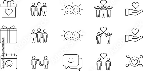 Love, Relationship, and Valentine's Day Thin Line Icon Set: Gift Box with Heart, Happy Couple, Friendship, Celebration Calendar, and Social Connection Vector Graphics