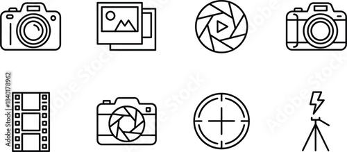 Photography and Camera Equipment Outline Icons, Aperture, Film Strip, DSLR, Tripod, and Photo Album Vector Symbol Set.