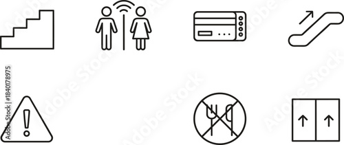 Public Place and Utility Thin Line Icon Set: Escalator, Stairs, Danger Warning, Automatic Doors, Restroom Sign, No Food Allowed, and Credit Card Access Vector