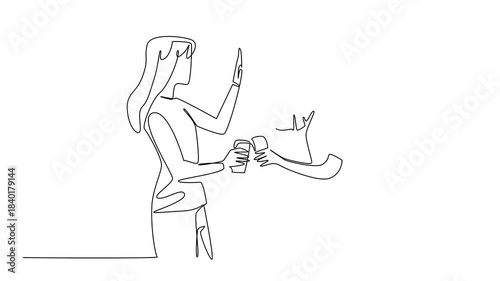 Self drawing animation of single line drawing of two women best friends celebrating National Best Friends Day with high five and drinks, friendship in a social concept. Full length animated