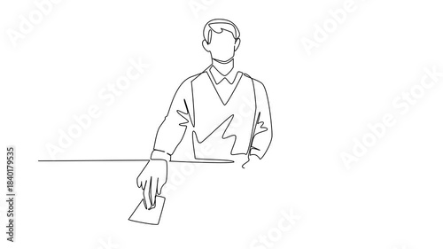 Animated self drawing of  single line drawing of a man playing tabletop card games, symbolizing creativity. Highlights business concept International Tabletop Day event. Full length one line animation
