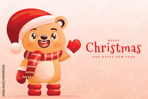 Merry Christmas Cute Bear Santa Hat Scarf Red Background.