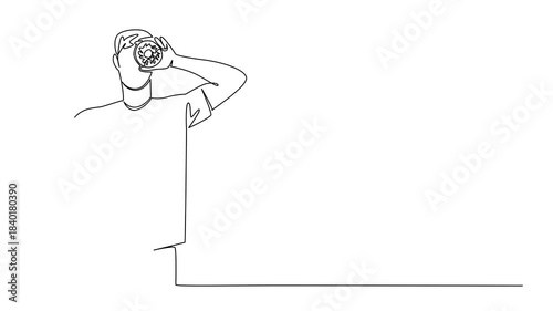 Animation of continuous line drawing of a man holding a donut in front of his eye, highlighting playful enjoyment and food culture in a minimalist concept for National Donut Day. Full length motion