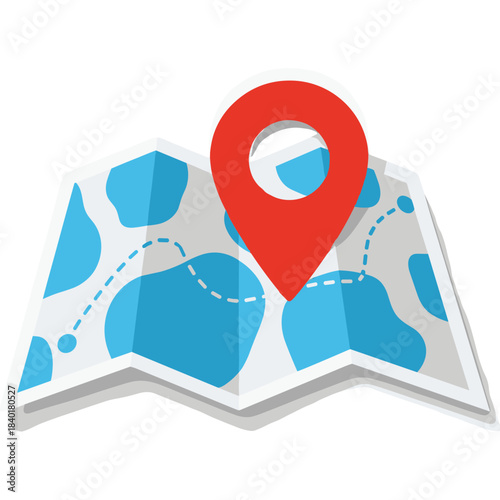 Red Location Pin Marker Icon Placed on Folded Map with Blue and White Pattern Showing Dotted Route Line on Transparent Background