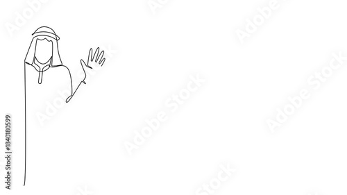 Self drawing animation of single line drawing of a Middle Eastern Arabian man waving warmly, dressed in traditional attire. Show Say Hi Day in a business celebrating culture. Full length animated