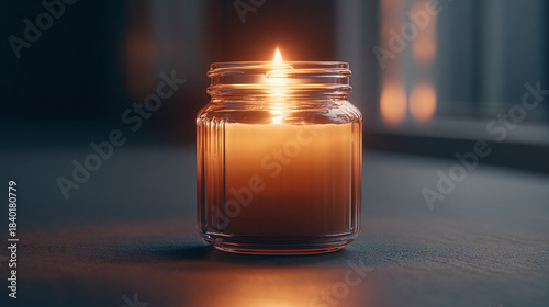 A lit candle in a glass jar, casting a warm glow