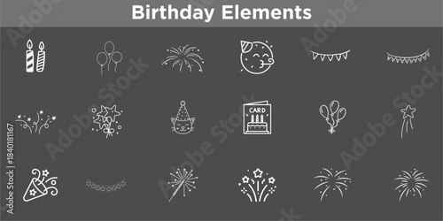 Watercolor Birthday Party Elements: Aesthetic Hand-Drawn Illustration Collection of Cake, Candles, Ribbon, and Abstract Seamless Patterns for Poster Design.